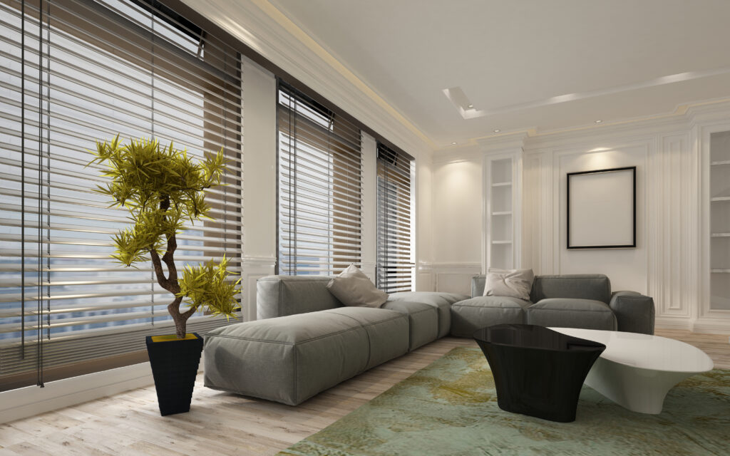 Dark Venetian blinds fitted in a modern living room . From Oasis Blinds and Shutters, offering Blinds In Worcester